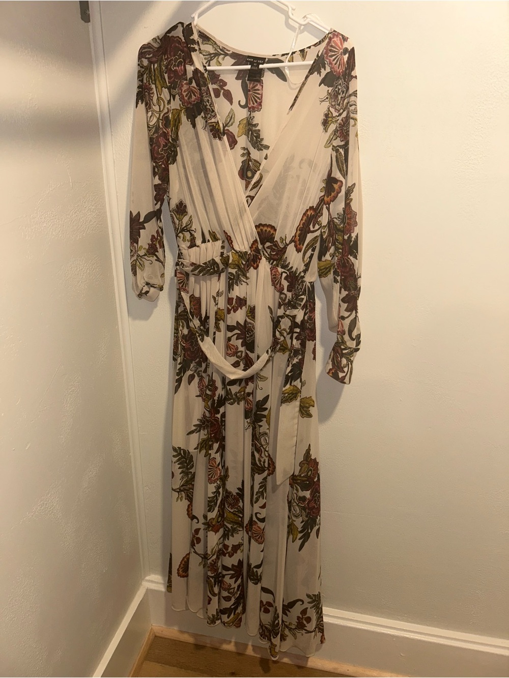 Floral Long Sleeve Wrap Style Maxi Dress - Cream with Olive & Burgundy